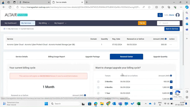 Acronis customer panel